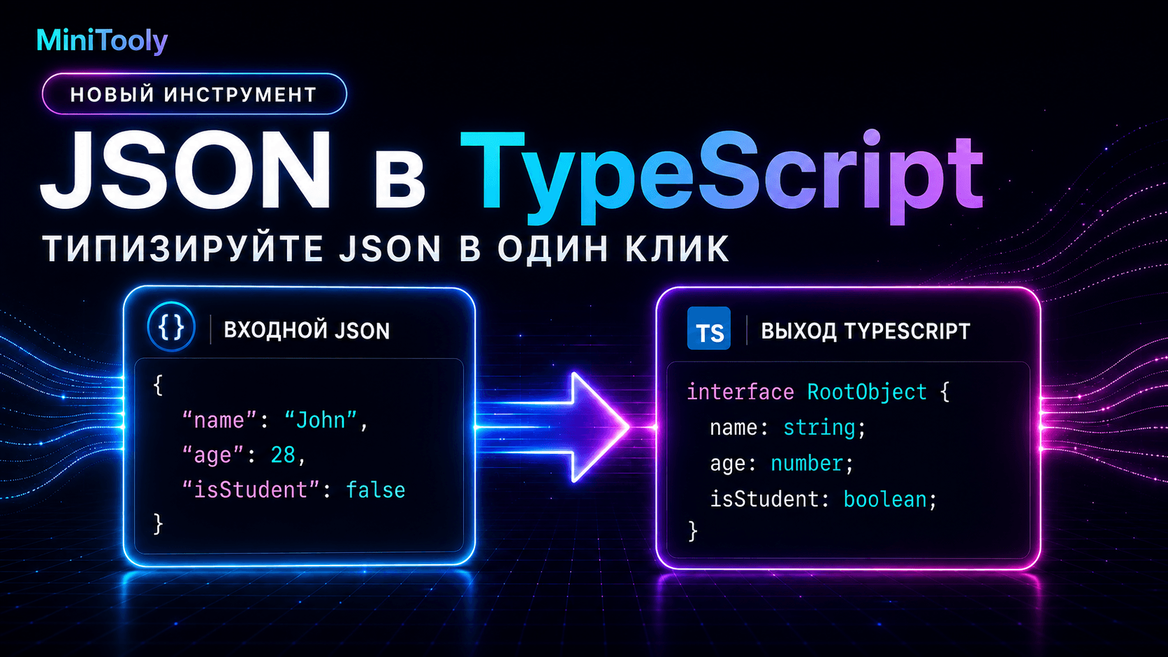 Рабочее место разработчика с полезной нагрузкой JSON, преобразованной в чистый код TypeScript