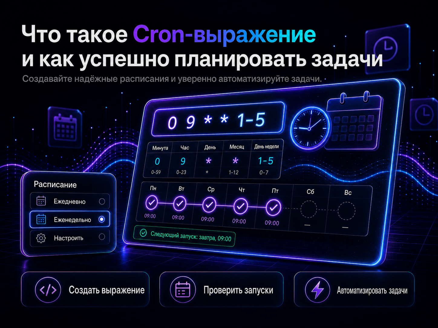 Визуальная разбивка строки синтаксиса выражения cron, показывающая отдельные поля времени
