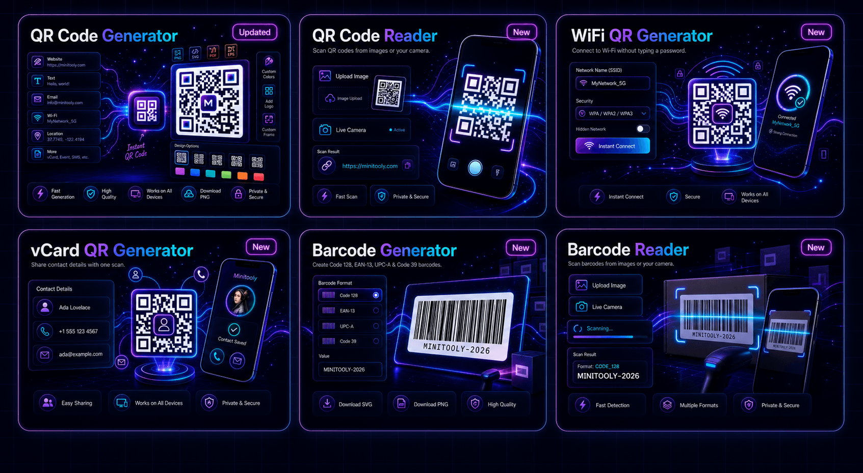 MiniTooly QR and barcode tools showing the updated QR Code Generator alongside new QR Code Reader, WiFi QR Generator, vCard QR Generator, Barcode Generator, and Barcode Reader tools.