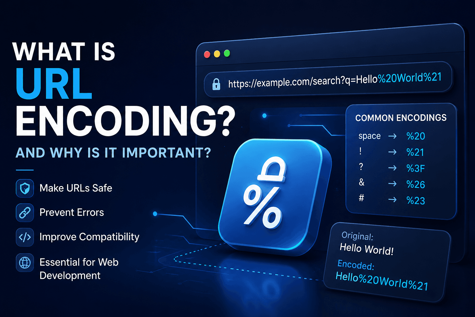 URL Encoder showing percent-encoded characters and encoded URLs used in web development.