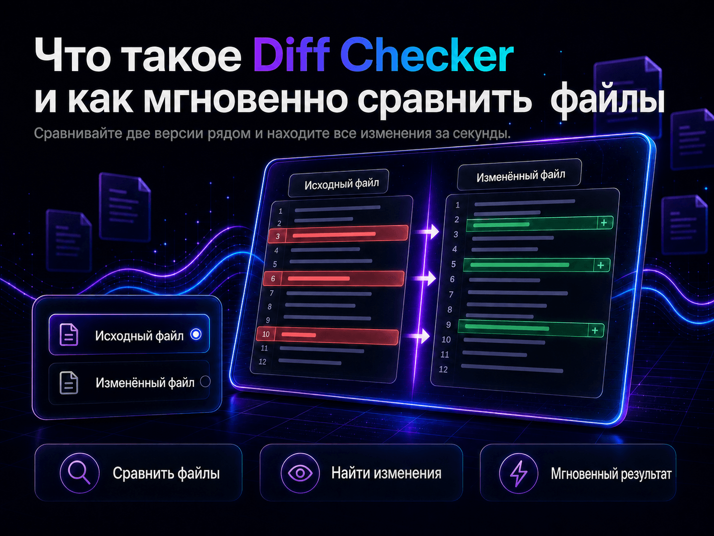 Снимок экрана интерфейса diff checker, сравнивающего два блока текста рядом