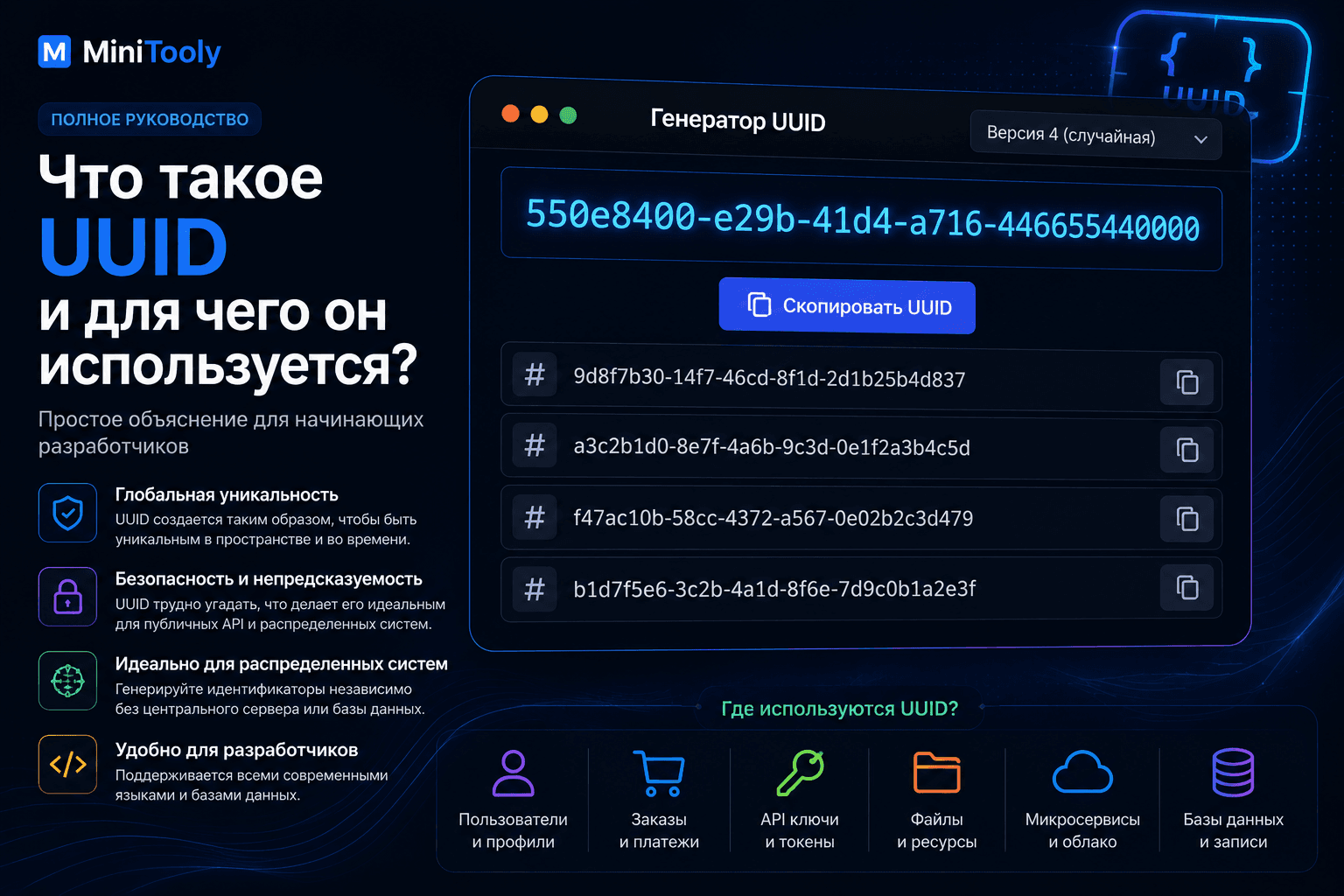 Генератор UUID, отображающий случайно сгенерированные UUID версии 4 для разработки современных приложений.