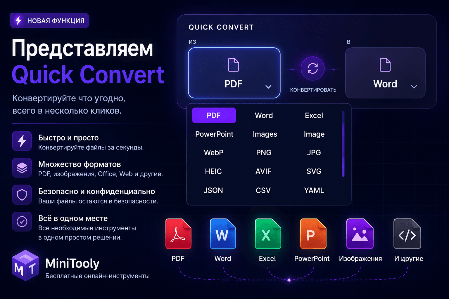 Интерфейс Quick Convert в MiniTooly с быстрым выбором форматов файлов и конвертацией между PDF и Word.