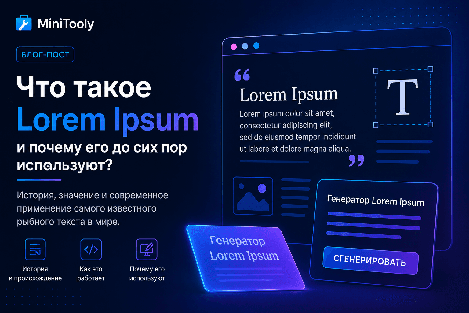 Интерфейс генератора Lorem Ipsum с текстом-заполнителем, примерами типографики и современными элементами пользовательского интерфейса.