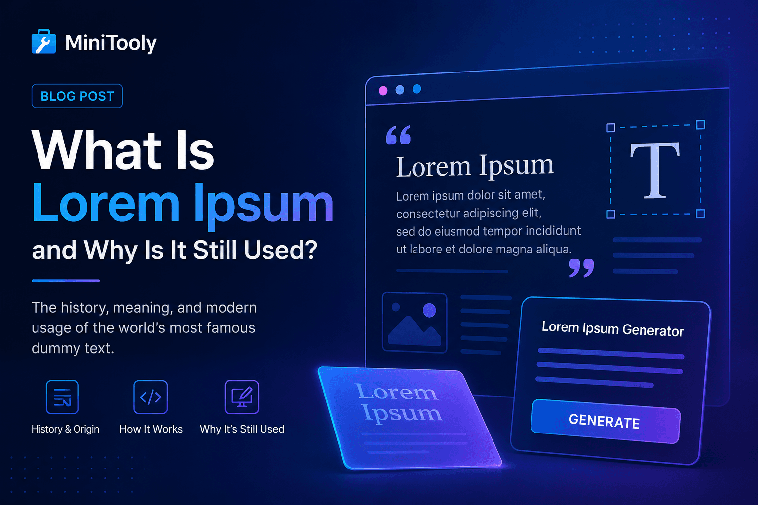 Lorem Ipsum generator interface with placeholder text, typography examples, and modern UI elements.