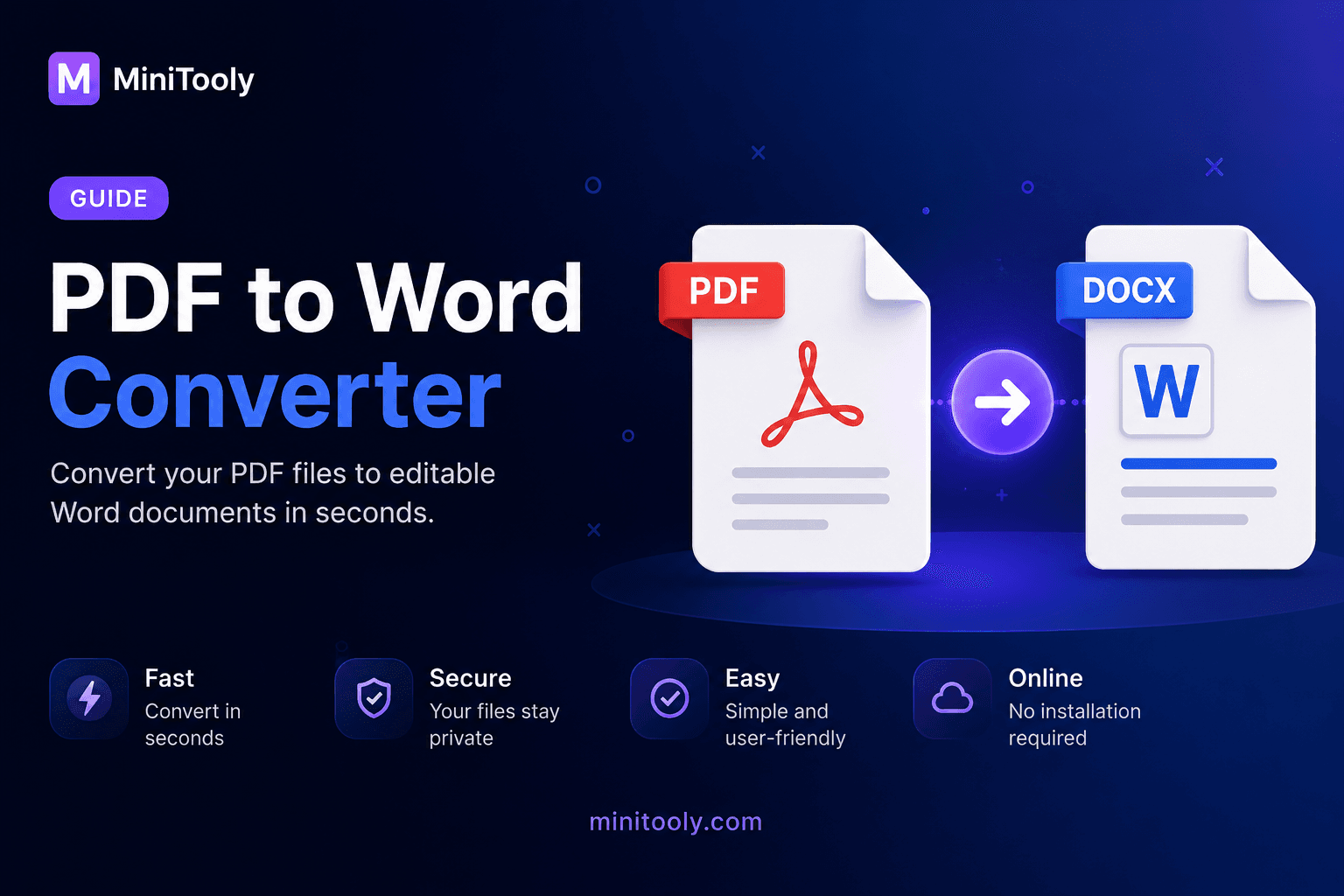 Modern PDF to Word Converter illustration showing a PDF file being converted into an editable DOCX Word document.