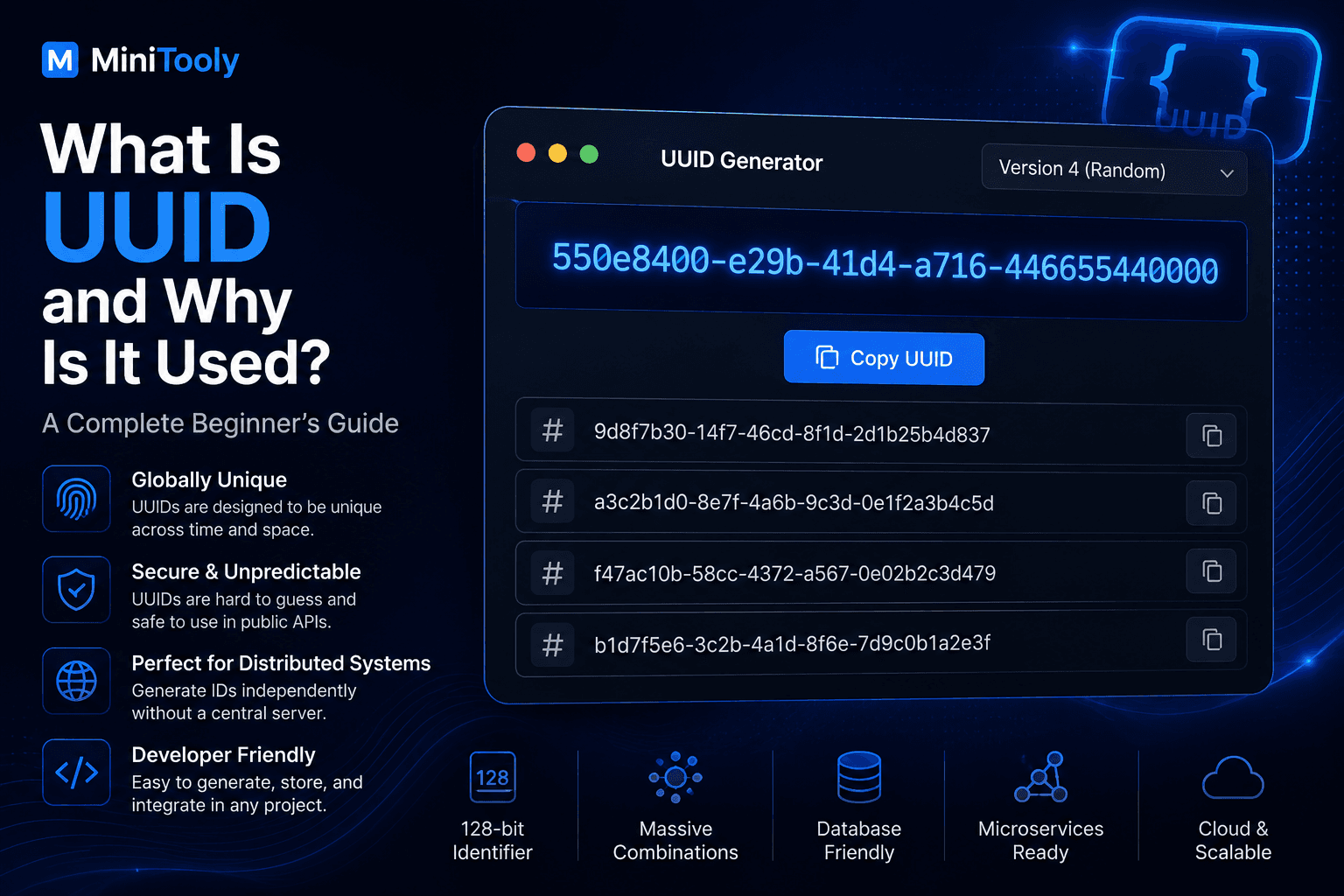 UUID Generator showing randomly generated UUID version 4 identifiers for software development.
