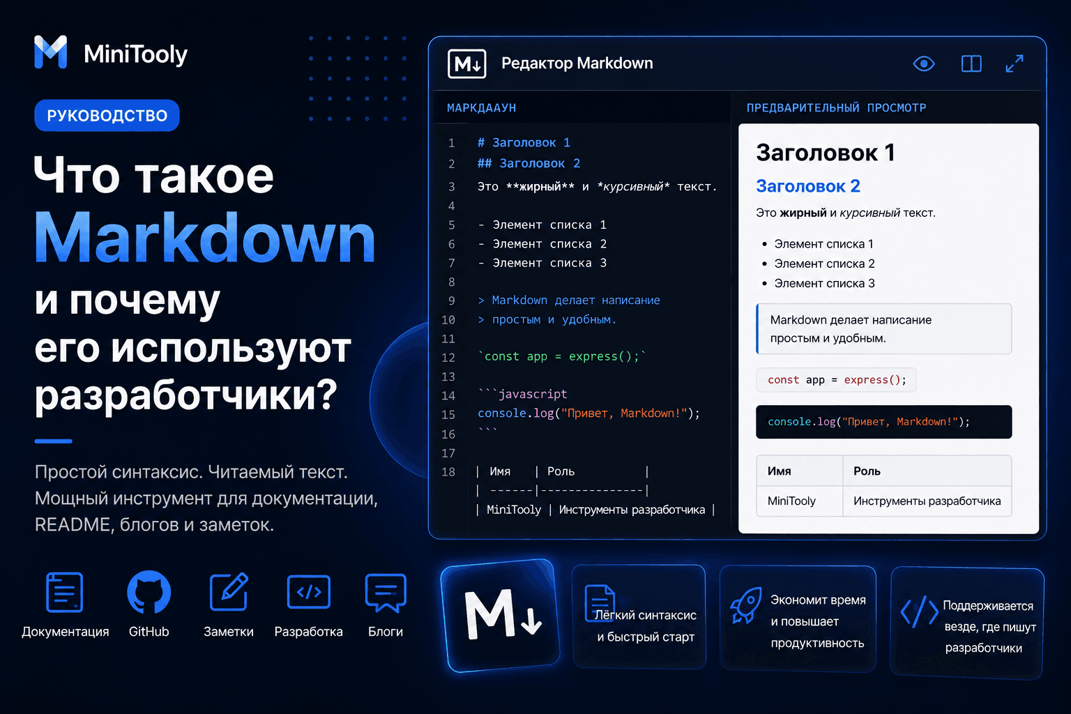 Редактор Markdown с предварительным просмотром, примерами синтаксиса и форматированным текстом.