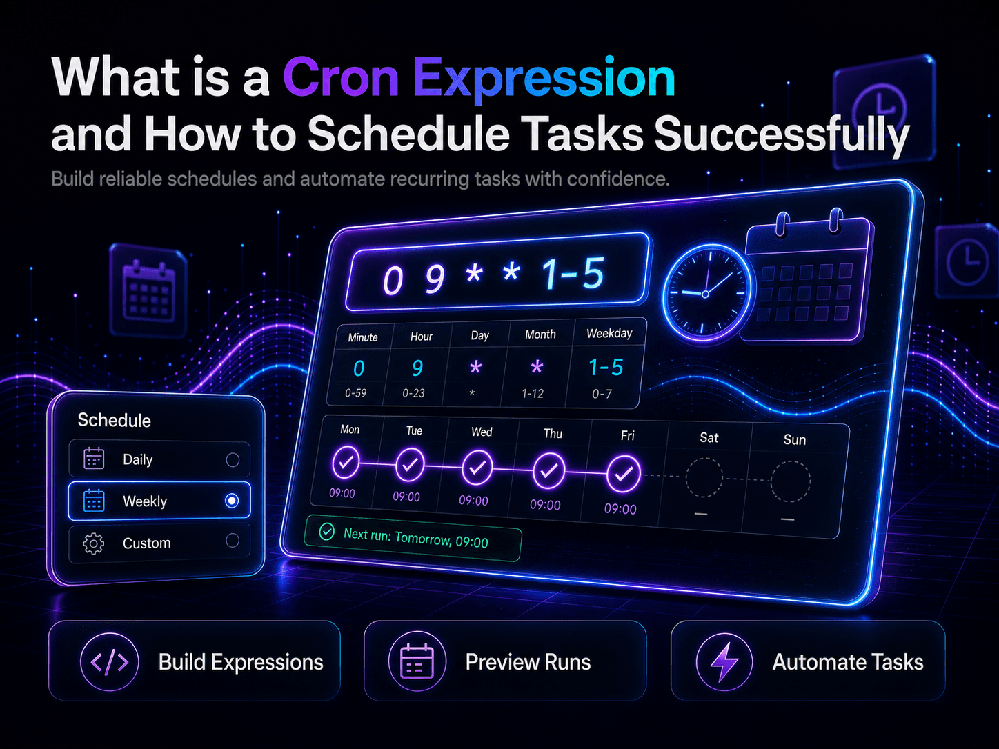 Visual breakdown of a cron expression syntax string showing individual time fields