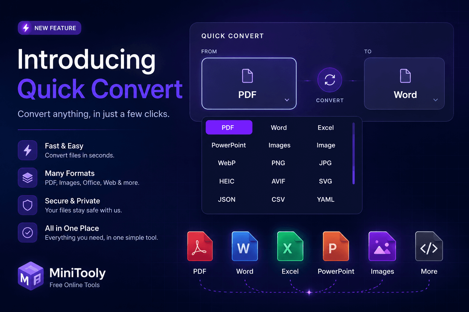 Quick Convert interface in MiniTooly showing instant file format selection and conversion between PDF and Word.
