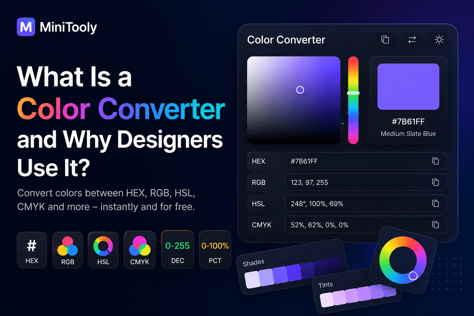 Modern Color Converter interface converting colors between HEX, RGB, HSL, CMYK, HSV, and other color formats.