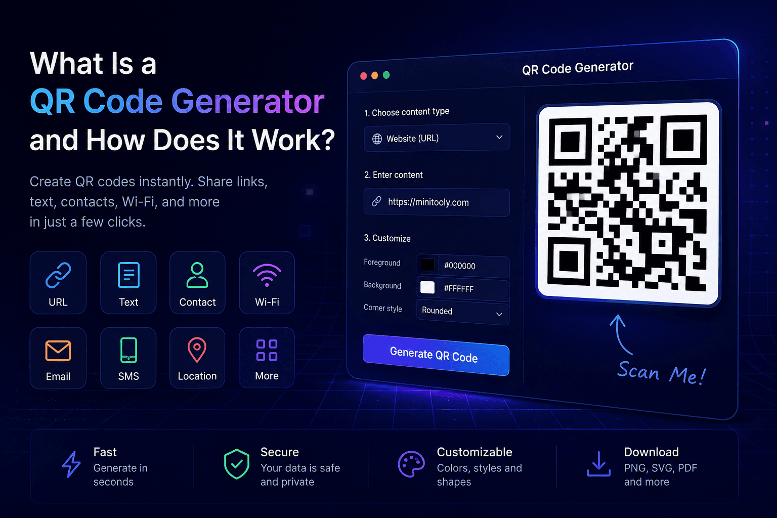 Modern QR Code Generator interface creating customizable QR codes for URLs, text, Wi-Fi, contacts, email, and other content.